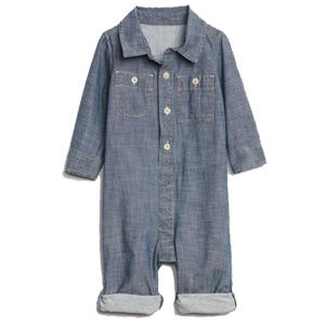 Baby Gap Factory NWT Blue Chambray Denim Jersey Lined Roll-Up Romper 0-3-6-12-18